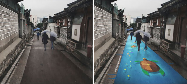 首爾街頭現神奇塗鴉 下雨天路面變卡通