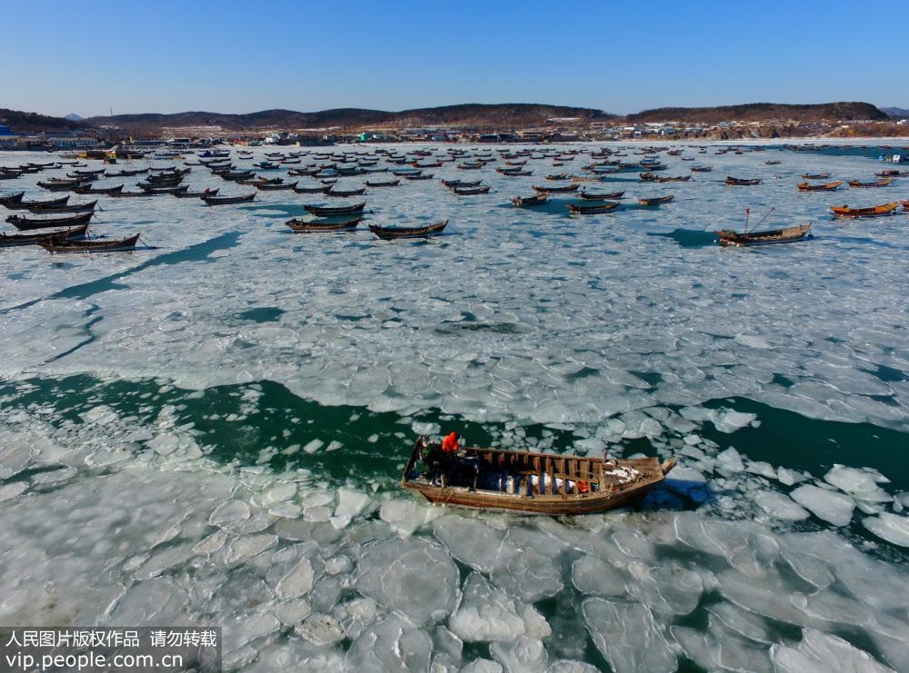 遼寧大連：海冰範圍擴大 漁船“冰封”海面